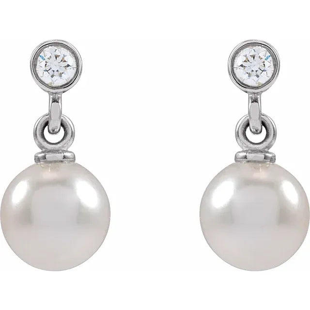 Cultured Akoya Pearl Bezel Diamond Drop Dangle Earrings Solid 14K White Gold
