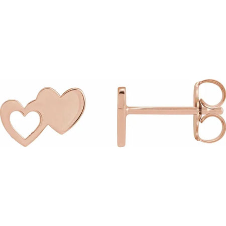Double Heart Stud Earrings Solid 14K Rose Gold Valentines Day Gifts