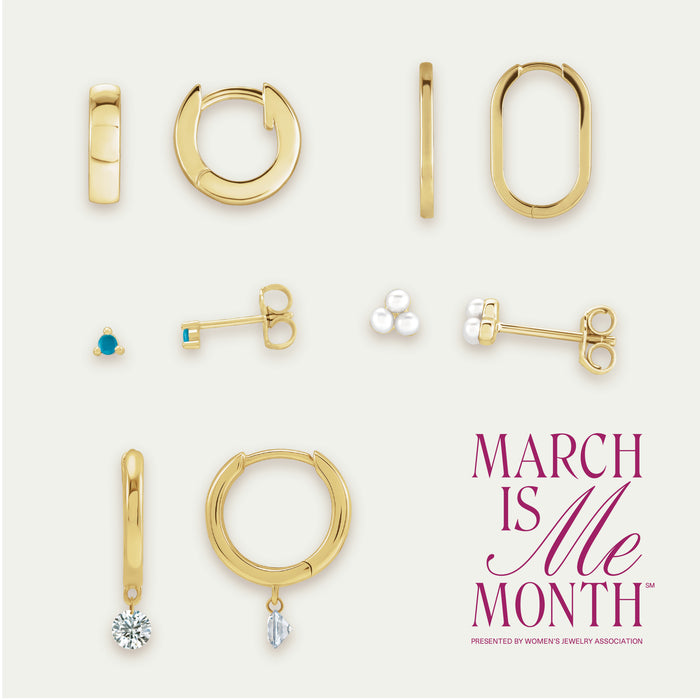 March is Me Month Women's Jewelry Association Yellow Gold Earrings Floating Diamond Hoops