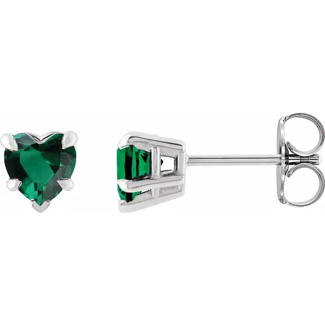 Claw Prong Lab-Grown Emerald May Birthstone Heart Stud Earrings 14K White Gold