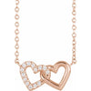 Double Interlocking Petite Heart Natural Diamond Adjustable Necklace in Solid 14K Rose Gold