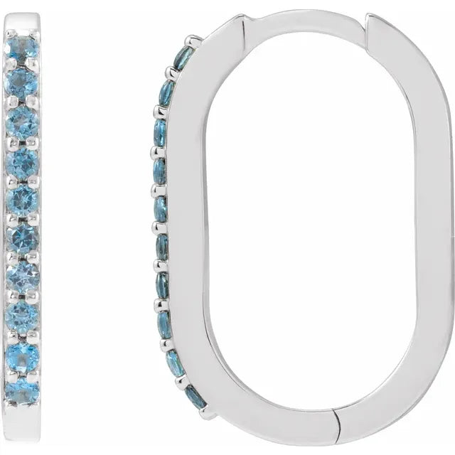 London Blue Topaz Link Shape Hinged Gemstone Hoop Earrings Solid 14K White Gold 