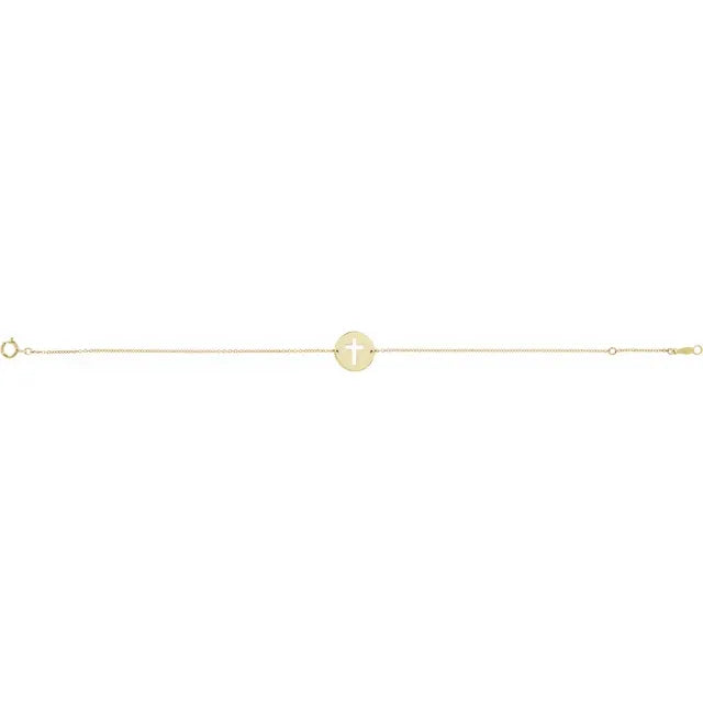Pierced Cross Disc Adjustable Bracelet Solid 14K Yellow Gold 