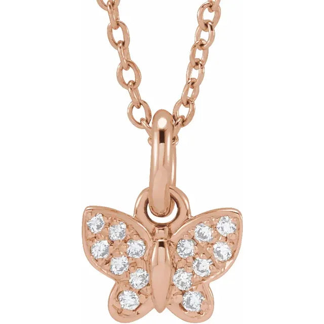 Youth Natural Diamond Butterfly 15" Necklace in Solid 14K Rose Gold