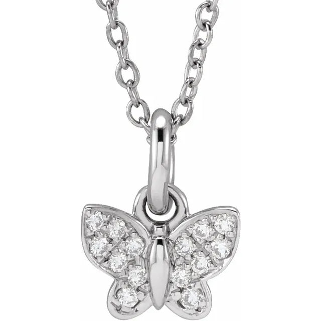 Youth Natural Diamond Butterfly 15" Necklace in Solid 14K White Gold