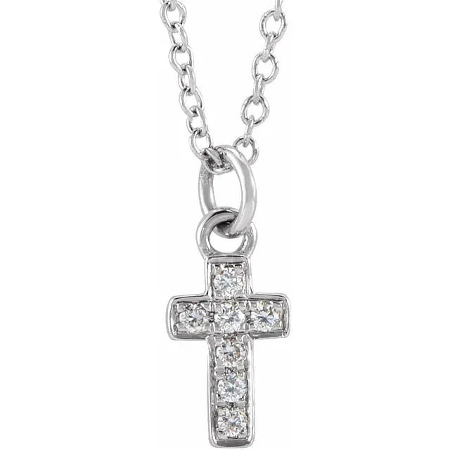 Youth Natural Diamond 15" Cross Necklace Solid 14K White Gold