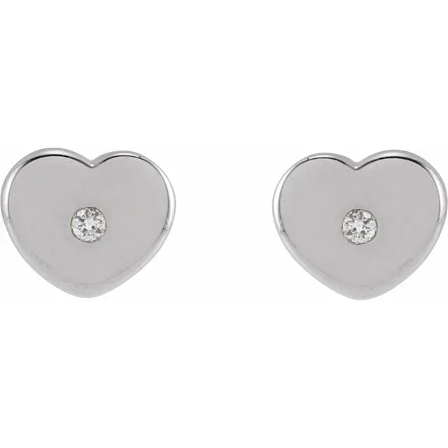 Youth Natural Diamond Heart Stud Earrings in Solid 14K White Gold or Sterling Silver
