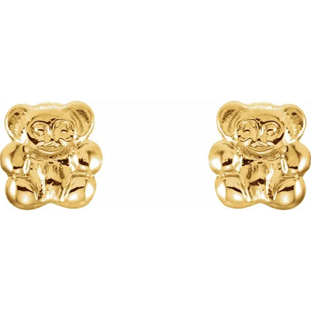 Youth Teddy Bear Stud Earrings With Threaded Backs 14K Solid Yellow Gold