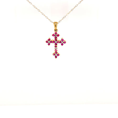 Sustainable jewelry vintage necklace 10K Yellow Gold 19.5" Chain Cross Pendant 22 Round Faceted Rubies One Diamond One-Of-A-Kind