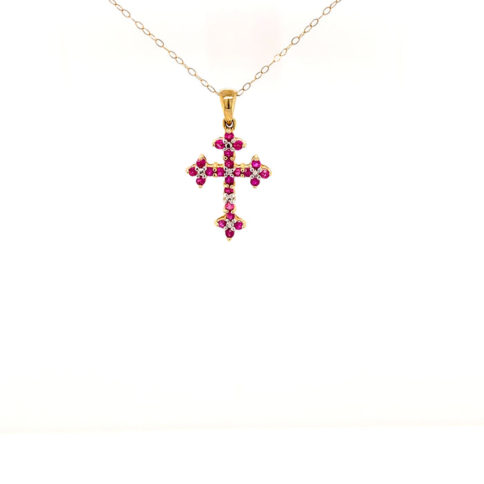 Sustainable jewelry vintage necklace 10K Yellow Gold 19.5" Chain Cross Pendant 22 Round Faceted Rubies One Diamond One-Of-A-Kind