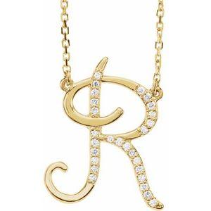 Cursive Diamond Initial R 16" Necklace 14K Yellow Gold Storyteller by Vintage Magnality