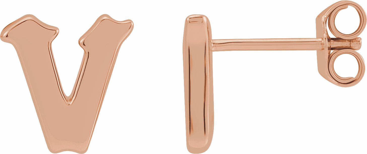 Gothic V Initial Stud Wear Everyday Earring in 14K Rose Gold Storyteller by Vintage Magnality