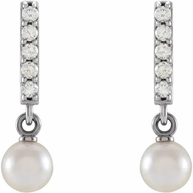 Cultured Akoya Pearl & Natural Diamond Bar Drop Earrings in 14K White Gold 