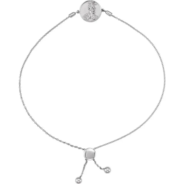 Aphrodite Coin Cable Chain Bolo Style Bracelet in 14K White Gold or Sterling Silver 