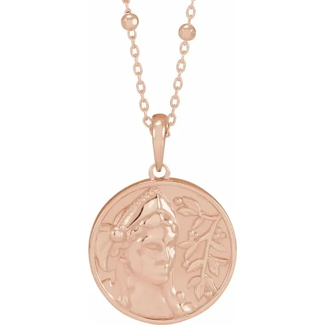 Athena Coin Pendant and or Necklace with Faceted Bead Chain in 14K Rose Gold