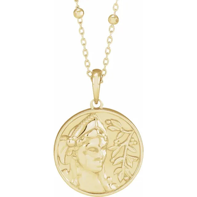 Athena Coin Pendant and or Necklace with Faceted Bead Chain in 14K Yellow Gold