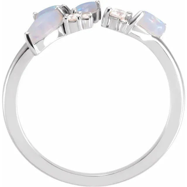 Australian White Opal and Natural Diamond Negative Space Ring in Solid 14K White Gold