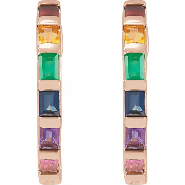 Baguette Natural Multi Gemstone Rainbow Hoop Earrings in 14K Rose Gold Front Facing