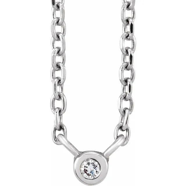 Natural Bezel-Set Diamond 1.5 MM .015 CT Solitaire Adjustable Necklace in Solid 14K White Gold or Sterling Silver