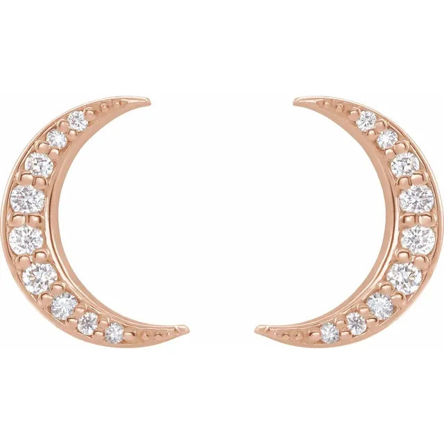 Pair Crescent Moon Natural Diamond Celestial Stud Earrings in 14K Rose Gold