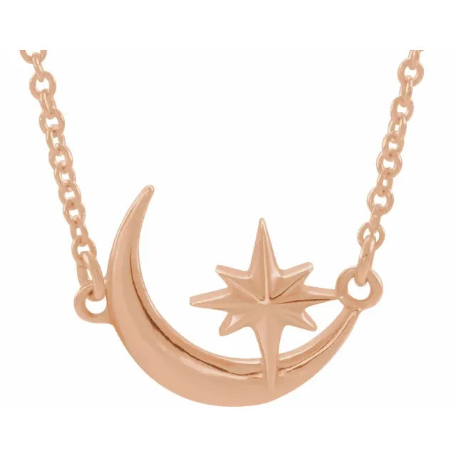 Crescent Moon & Star Adjustable Necklace 14K Rose Gold
