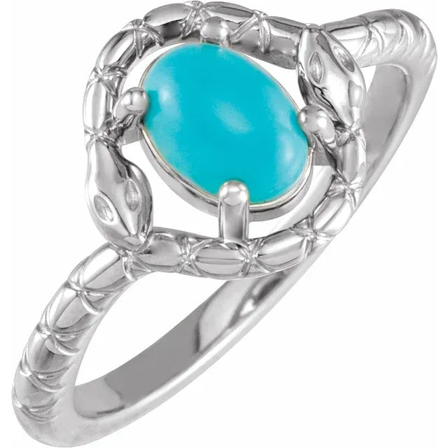 Double Snake Natural Turquoise Egg Ring in Solid 14K White Gold 