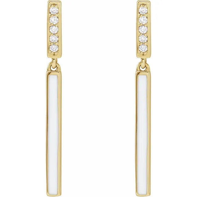 Enamel White Natural Diamond Dangle Earrings 14K Yellow Gold