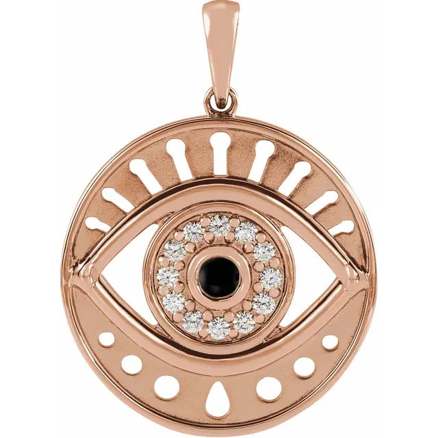 Evil Eye Natural Onyx & Diamond Charm Pendant Solid 14K Rose Gold 