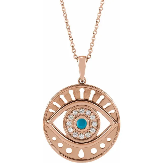 Evil Eye Natural Turquoise & Diamond Charm Pendant Necklace Solid 14K Rose Gold 
