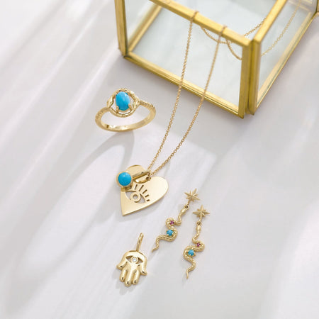 Magical Jewelry Collection with Hamsa Diamond 14K Gold Charm and Snake Turquoise Earrings and Ring