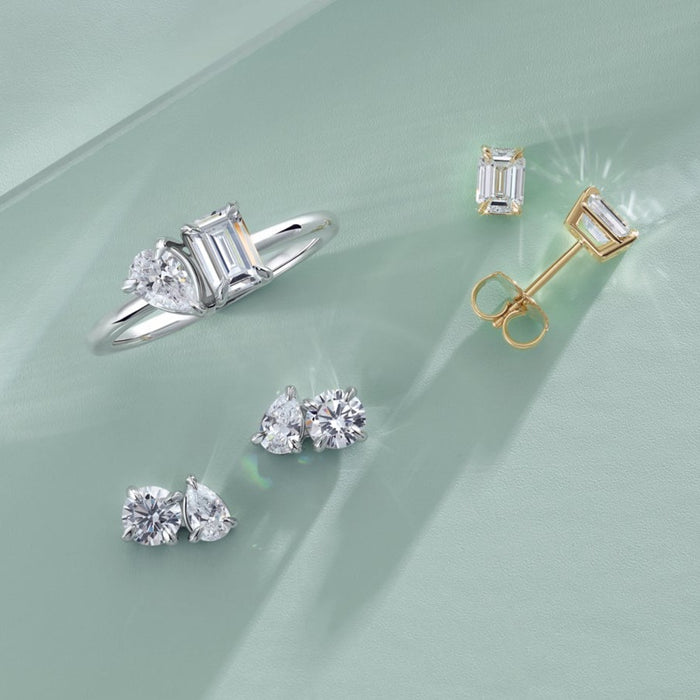 Lab-Grown Diamond Toi Et Moi Earrings, Ring and Emerald 4 Prong Diamond Stud Earrings
