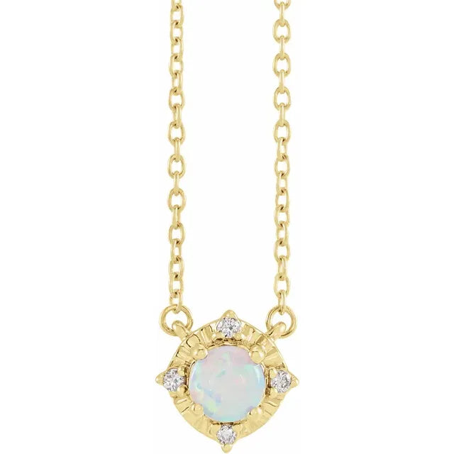Luxe Wear Everyday™ Halo Style Birthstone Lab-Grown Opal & Natural Diamond 18" Necklace Solid 14K Yellow Gold 