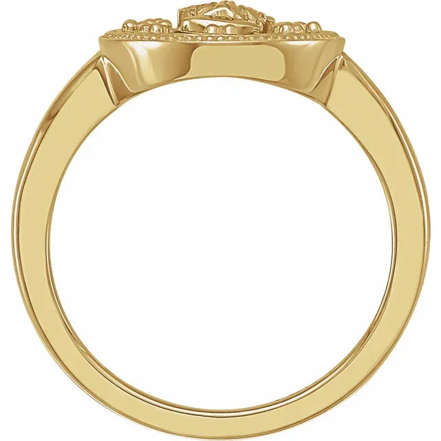 Miraculous Medal Black Enamel Solid 14K Yellow Gold Ring