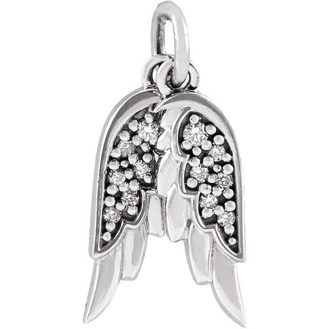 Natural Diamond Angel Wings Charm Pendant 14K White Gold or Sterling Silver