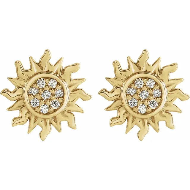 Celestial Sun Natural Diamond Stud Earrings 14K Yellow Gold