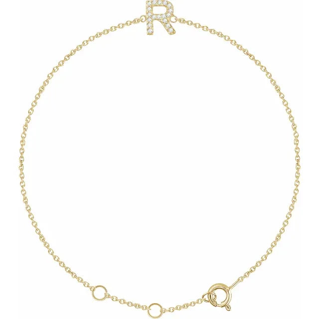 Natural Diamond Initial R Adjustable Bracelet in 14K Yellow Gold