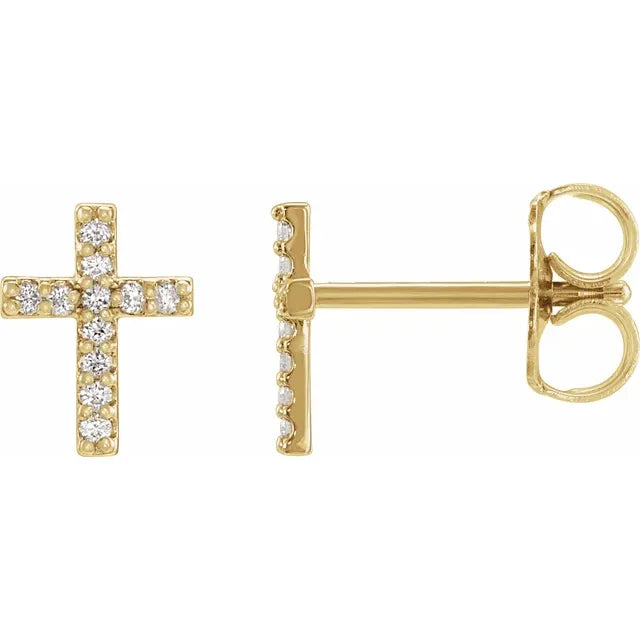 Natural Diamond Cross Stud Earrings Pair 14K Yellow Gold