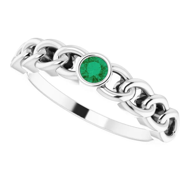 Natural Emerald Curb Chain Ring in 14K White Gold