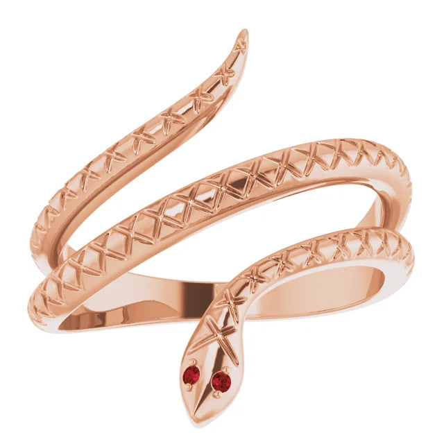 Natural Mozambique Garnet Spiral Serpent Snake Ring in Solid 14K Rose Gold