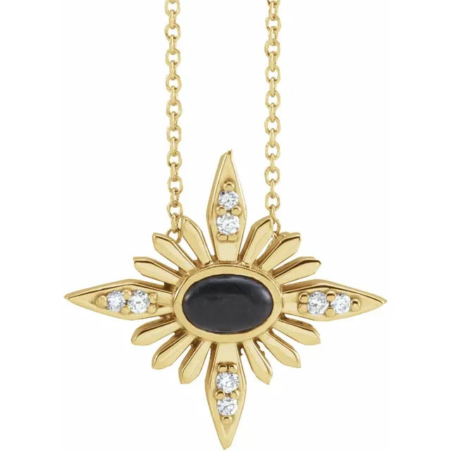 Natural Onyx and Diamond Celestial Adjustable 16-18" Necklace in 14K Yellow Gold