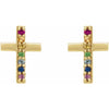 Natural Rainbow Multi-Gemstone Cross Stud Earrings in 14K Yellow Gold 