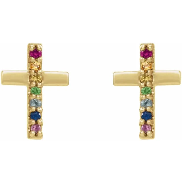 Natural Rainbow Multi-Gemstone Cross Stud Earrings in 14K Yellow Gold 