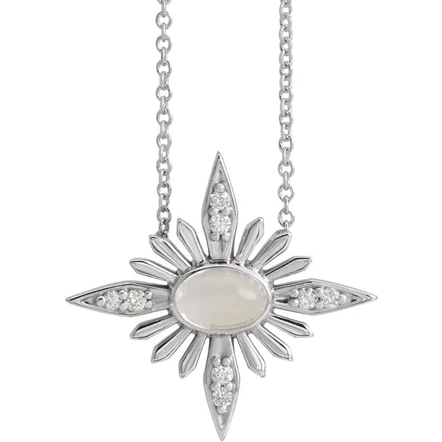 Natural Rainbow Moonstone and Diamond Celestial Adjustable 16-18" Necklace in 14K White Gold or Sterling Silver