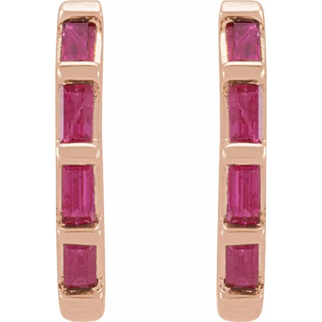Hinged Huggie Hoop Earrings Natural Ruby in 14K Rose Gold Front View