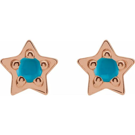 Natural Turquoise Cabochon Star Stud Earrings 14K Rose Gold 