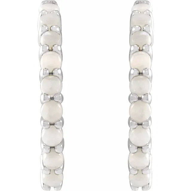 Natural Australian White Opal Hoop Earrings 20 MM 14K White Gold