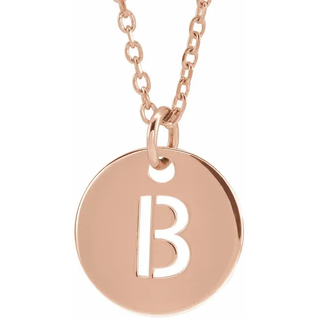 B Initial Disc Adjustable Personalized Necklace in Solid 14K Rose Gold 