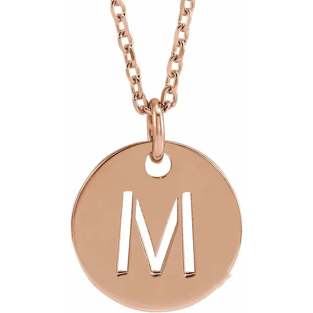 M Initial Disc Adjustable Personalized Necklace in Solid 14K Rose Gold 
