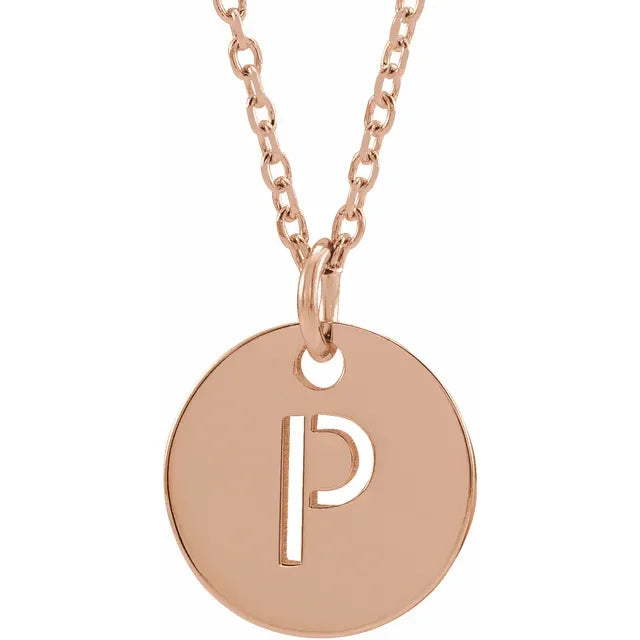 P Initial Disc Adjustable Personalized Necklace in Solid 14K Rose Gold 