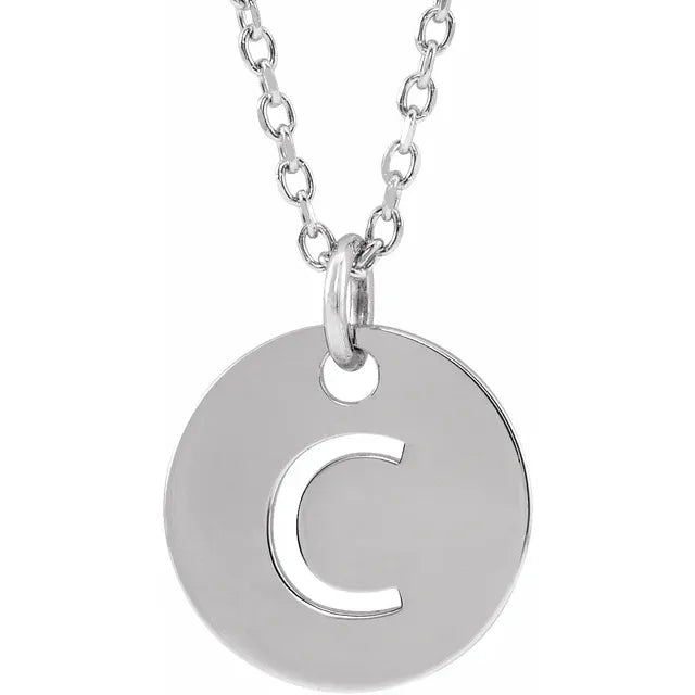C Initial Disc Adjustable Personalized Necklace in Solid 14K White Gold 